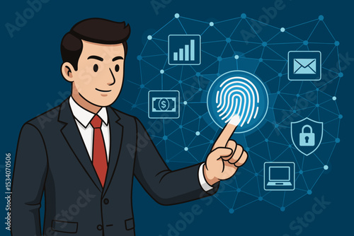 Businessman using fingerprint scan on futuristic interface for secure access. Biometric authentication technology for cybersecurity, data protection, identification, and network login.