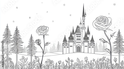 Adult Coloring Page: Detailed Line Art of Castle with Rose Garden | Thick Outline, Sticker Art Style, White Background
