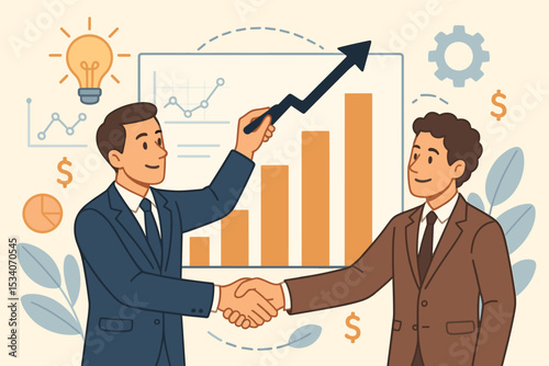 Business partnership concept with two businessmen shaking hands. Successful agreement and deal metaphor. Financial growth chart with rising arrow showing progress, profit and success.