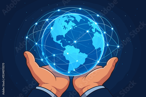Hands holding glowing Earth globe with network grid. Global business, technology, communication concept. Worldwide internet connection, data exchange, globalization and innovation.