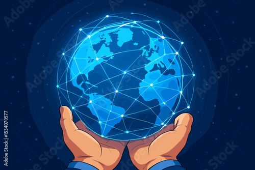 Global communication network technology concept. Hands holding glowing Earth with digital connections. Worldwide business, internet, big data, and globalization. Future innovation vector.