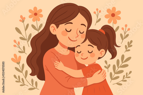 Happy Mother's Day illustration with loving mother hugging her daughter. Cute woman and girl embracing. Family love, care and motherhood concept. Vector for greeting card.