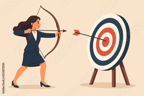 Bullseye business concept with businesswoman hitting the target. Metaphor for achieving goals, success, strategy, marketing precision, and career focus. Aiming for victory and success.