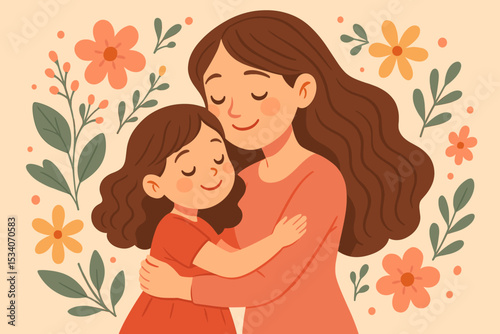 Happy Mother's Day greeting card illustration. A loving mother and daughter hugging tenderly. Concept of family love, motherhood, care, and affection. Vector design with flowers.