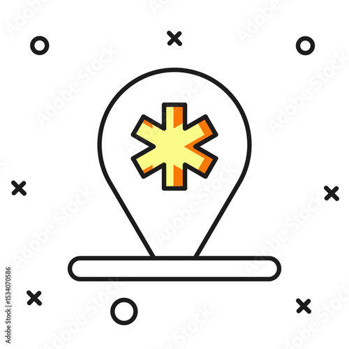 Filled outline Medical map pointer with cross hospital icon isolated on white background. Flat filled outline style with shadow. Vector