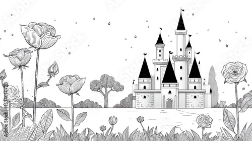 Adult Coloring Page: Detailed Line Art of Castle with Rose Garden | Thick Outline, Sticker Art Style, White Background