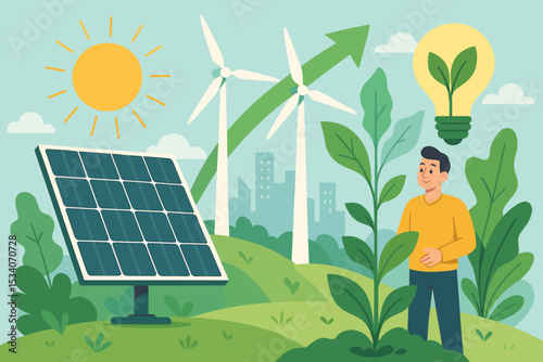 Renewable energy sources concept for a sustainable future. Man with a green idea, solar panel, and wind turbines. Eco city background with clean power and ecology growth arrow.