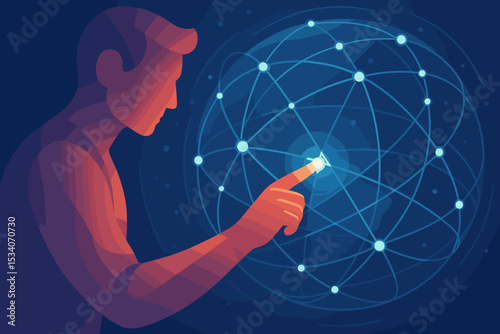 Man touching global network connection. Concept of business technology, internet, and data exchange. Future innovation and communication with worldwide network. Digital sphere.