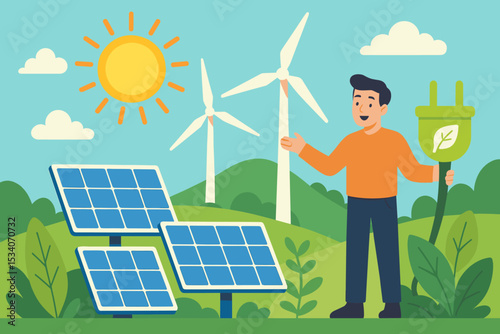 Renewable energy vector illustration. Man holding green plug with solar panels and wind turbines. Sustainable, eco-friendly power concept for environmental conservation and ecology.