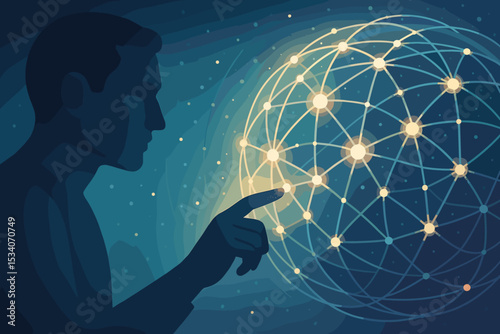 Man touching a glowing global network sphere. Concept of future technology, internet communication, big data, AI, digital transformation, innovation, globalization and connection.