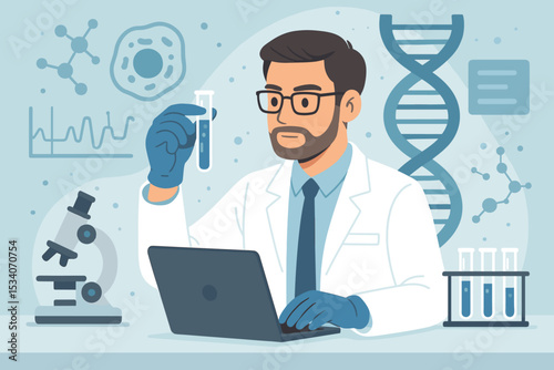 Scientist in lab coat researching gene therapy. Man in laboratory holding test tube, working on laptop. Genetic engineering, DNA analysis, and biotechnology concept vector illustration.