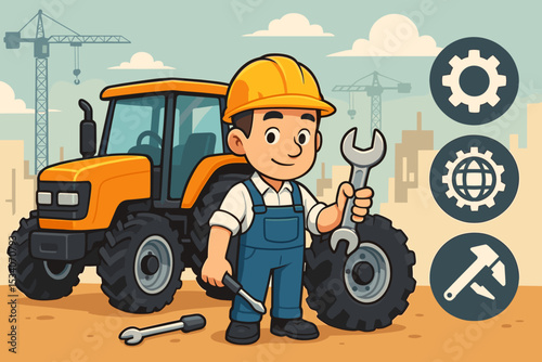 Mechanic repairing a tractor on a construction site. Cartoon worker character with hard hat and tools for vehicle maintenance. Engineering and industry service concept vector illustration.