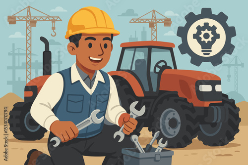 Tractor maintenance service concept. Professional mechanic or engineer with tools repairing heavy machinery on a construction site. Skilled worker fixing vehicle. Flat vector illustration.