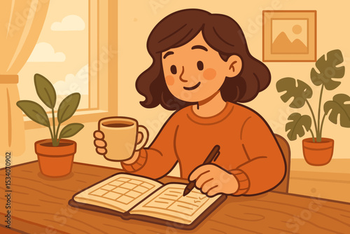 Woman writing in journal with coffee, planning her day. Cozy morning routine at home desk. Lifestyle illustration of daily schedule organization and productivity concept vector.
