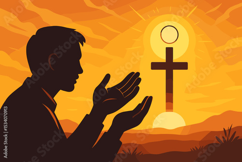 Silhouette of a man praying to a cross at sunset. Christian faith, religion, and worship concept. Spirituality, hope, and devotion vector illustration with sun and host symbol.
