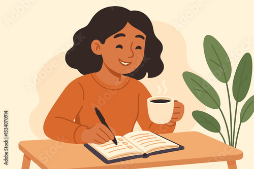 Smiling woman writing in notebook. Morning routine with coffee. Concept of planning, journaling, to-do list, goals, and mindfulness. Self-care and productivity at home office.