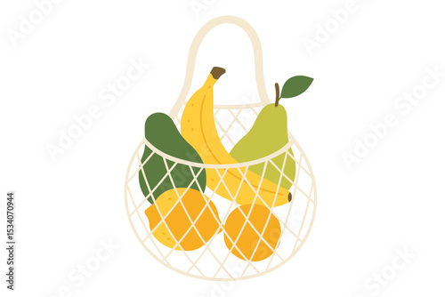 Reusable string bag with fresh organic fruits. Eco friendly shopping mesh tote with banana, pear, lemon, orange. Zero waste, healthy food lifestyle vector illustration.