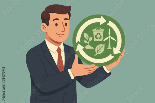Circular economy concept with businessman showing a green cycle icon. Sustainable development, ESG, recycling, and renewable energy for environmental protection. Eco-friendly business.