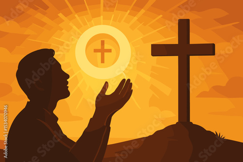 Christian man silhouette praying with open hands to God. Religious concept with holy cross and Eucharist host. Faith, hope, and worship for salvation. Catholic communion symbol.