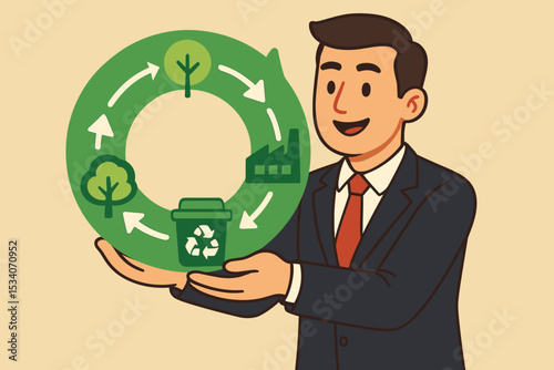 Businessman explaining the circular economy concept. Man holding a green sustainability cycle diagram with tree, factory, and recycle bin icons. ESG and eco-friendly business model.