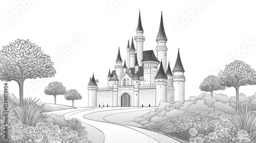 Adult Coloring Page: Detailed Line Art of Castle with Rose Garden | Thick Outline, Sticker Art Style, White Background