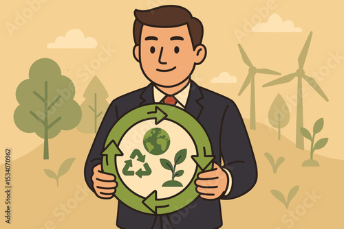 Circular economy vector concept. Businessman holding symbol with recycling, earth, and plant icons. Sustainable business, ESG, green energy, and environmental protection.