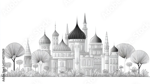 Adult Coloring Page: Detailed Line Art of Castle with Rose Garden | Thick Outline, Sticker Art Style, White Background