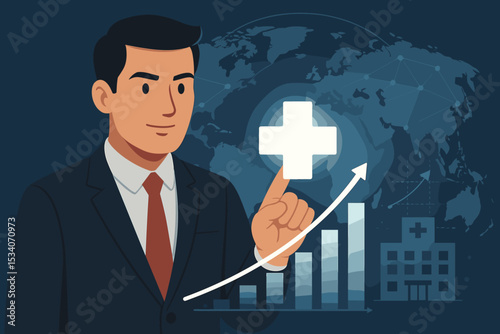 Global healthcare business growth concept. Businessman with medical cross symbol, growing bar chart and world map. Hospital management, financial success, medical investment.