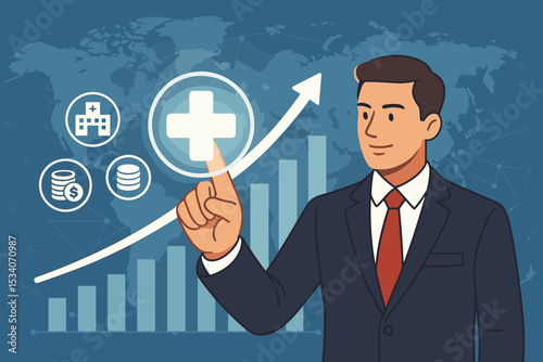 Businessman pointing at healthcare growth chart. Medical business investment and finance concept. Hospital management technology and global health economy success. Vector illustration.