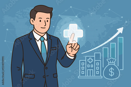 Healthcare business growth and investment concept. Businessman touching medical cross on digital interface. Hospital management, finance chart, money, and global network innovation.