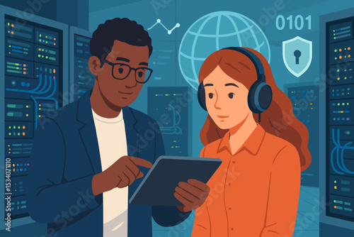Diverse IT specialists team working in data center server room. Man and woman colleagues collaborating, using tablet. Network administration, cybersecurity, cloud technology concept.