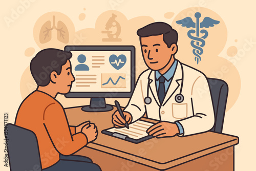 Doctor and patient at a medical consultation. Practitioner discussing diagnosis and health checkup results, writing a prescription. Healthcare concept with icons, EHR on screen. Vector.