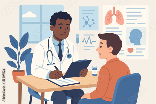 Medical consultation with a Black doctor explaining diagnosis to a male patient in his office. Physician analyzing health data, writing a prescription. Healthcare and medicine concept.
