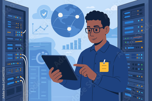 IT specialist managing server rack in data center with tablet. Network engineer monitoring cloud computing infrastructure. Cybersecurity and big data analytics concept vector.
