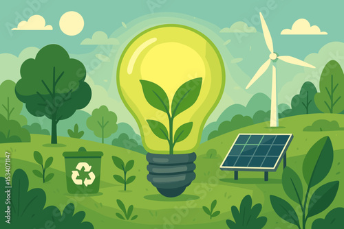 Green energy concept with light bulb and plant. Eco friendly illustration with solar panel, wind turbine, and recycling bin. Renewable power, sustainability, and ecology.