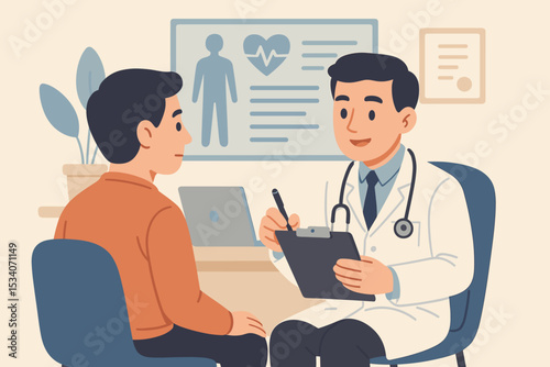Vector illustration of a doctor and patient consultation in a clinic office. General practitioner discusses diagnosis, treatment plan and health record with a man. Healthcare concept.