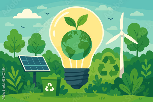 Renewable energy concept for environmental conservation. Green planet Earth inside lightbulb with plant. Solar panel, wind turbine, and recycling symbol illustration. Ecology idea.