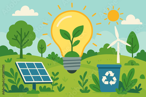 Green energy concept for sustainability. Eco friendly illustration with light bulb, plant, solar panel, wind turbine, and recycling bin. Renewable power and nature conservation.