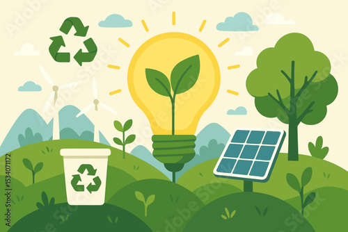 Eco-friendly concept of renewable energy. Green power landscape with solar panels, wind turbines. Sustainability idea with light bulb plant. Recycling for environmental conservation.