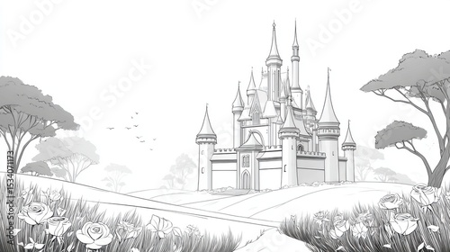 Adult Coloring Page: Detailed Line Art of Castle with Rose Garden | Thick Outline, Sticker Art Style, White Background