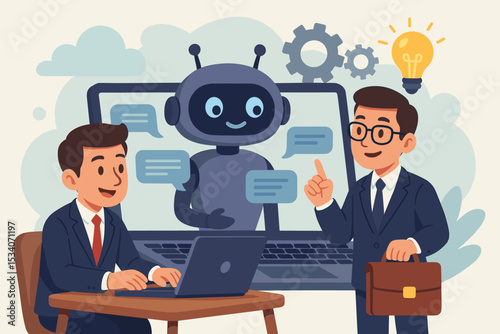 AI business assistant concept with businessmen and robot chatbot on laptop. Collaboration for new ideas and solutions. Artificial intelligence, automation, and support technology.