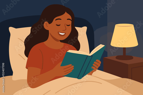 Young woman reading a book in bed at night. Bedtime story concept for relaxation and self-care. Cozy evening leisure activity. Female reader enjoying literature before sleep.