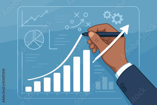 Businessman hand drawing a rising arrow on a financial bar chart. Business growth, strategy planning, and data analysis visualization on a digital screen with graphs and diagrams.
