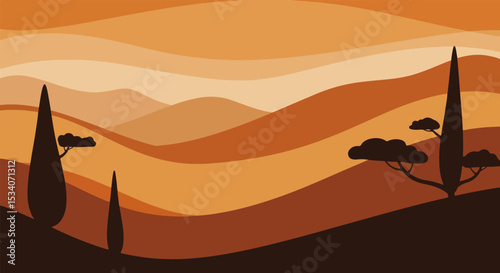 Minimalist desert landscape with rolling hills, sand dunes, and silhouetted trees