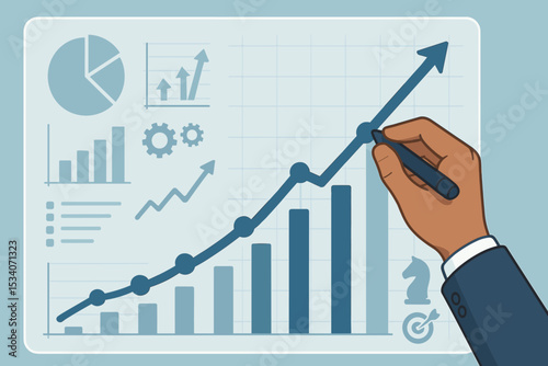 Business growth and success concept. Businessman hand drawing an ascending financial graph arrow. Data analytics visualization, investment strategy, and company performance chart.