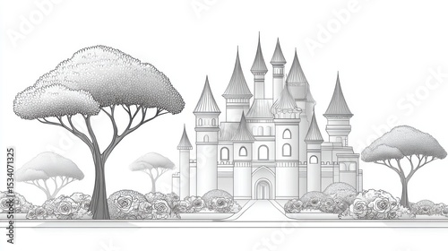 Adult Coloring Page: Detailed Line Art of Castle with Rose Garden | Thick Outline, Sticker Art Style, White Background