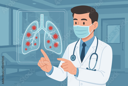 Doctor analyzing viral lung infection on futuristic holographic screen. Pulmonology, respiratory disease diagnosis. Medical technology concept for pneumonia, coronavirus, covid-19.