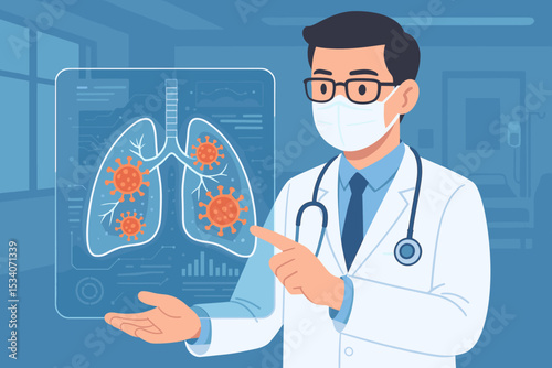 Doctor analyzing lungs with virus on virtual screen. Futuristic medical technology for diagnosing respiratory disease, pneumonia, Covid-19. Pulmonology research and healthcare concept.