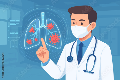 Male doctor pointing at holographic lungs with virus infection. Medical technology concept for virtual diagnosis of pneumonia or coronavirus. Futuristic healthcare and pulmonology.
