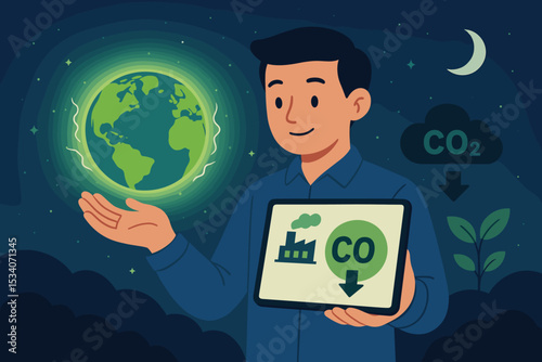 Carbon reduction concept. Man holding tablet with CO2 emission data and protecting glowing Earth. Sustainability, net zero, green technology, climate change solution for a better future.